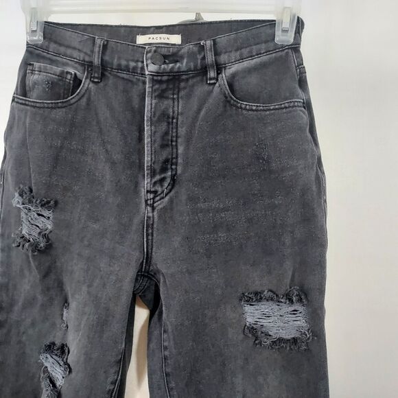 PacSun Distressed Crop Jeans Button Fly Womens Size 26 Black Ripped Fringe - Picture 6 of 16